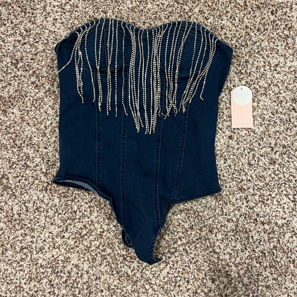 Denim rhinestone bodysuit